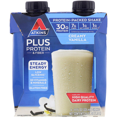 Atkins Plus Protein & Fiber, Creamy Vanilla, 4 Shakes, 11 fl oz (325 ml) Each