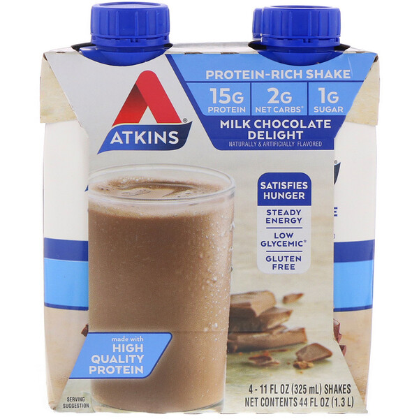 Atkins, Protein Rich Shake, Milk Chocolate Delight, 4 Shakes, 11 fl oz