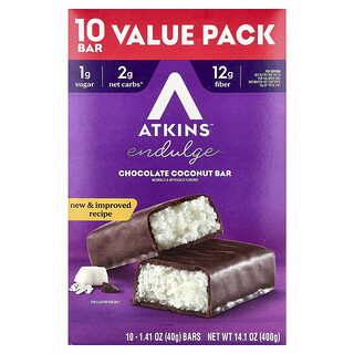 Atkins, Endulge™, Barrita de chocolate y coco, 10 barritas, 40 g (1,41 oz) cada una