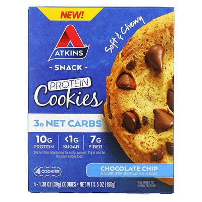 Купить Atkins Snack, протеиновое печенье, шоколадная крошка, 4 печенья, 39 г (1, 38 унции)
