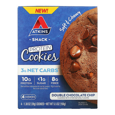 Купить Atkins Snack, протеиновое печенье, двойная шоколадная крошка, 4 печенья, 39 г (1, 38 унции)