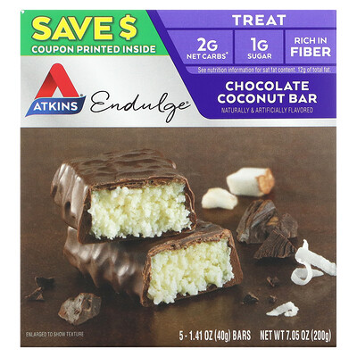 Atkins Endulge, шоколадные батончики с кокосом, 5 батончиков, 40 г каждый