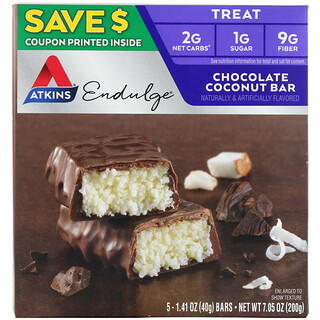 Atkins, Endulge, шоколадные батончики с кокосом, 5 батончиков, 40 г каждый