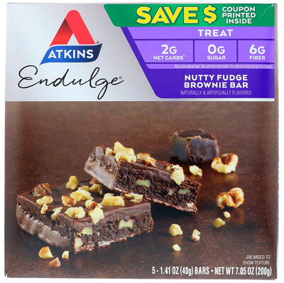 Atkins Endulge, шоколадный торт с орехами 5 батончиков, 1.41 унции (40 г) каждый