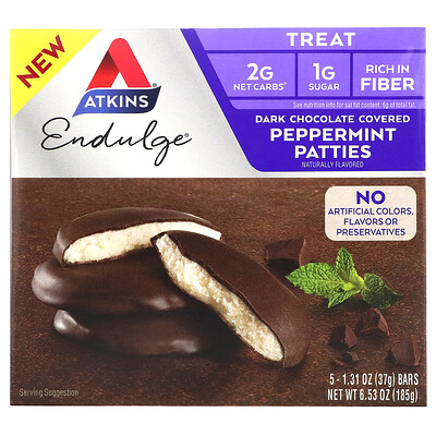 Atkins Endulge Treat, мятные пирожки, покрытие темным шоколадом, 5 батончиков, 37 г (1,31 унция) каждый