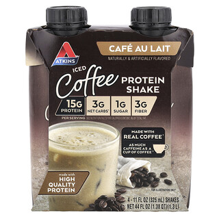 Atkins, アイスコーヒー プロテインシェイク、カフェオレ、4本、各325ml（11液量オンス）