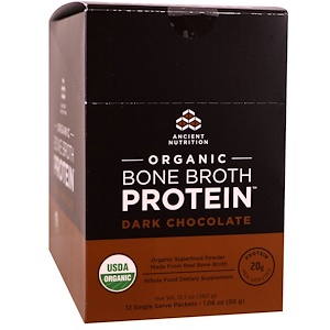 Отзывы о Dr. Axe / Ancient Nutrition, Organic Bone Broth Protein, Dark Chocolate, 12 Single Serve Packets, 1.06 oz (30 g) Each