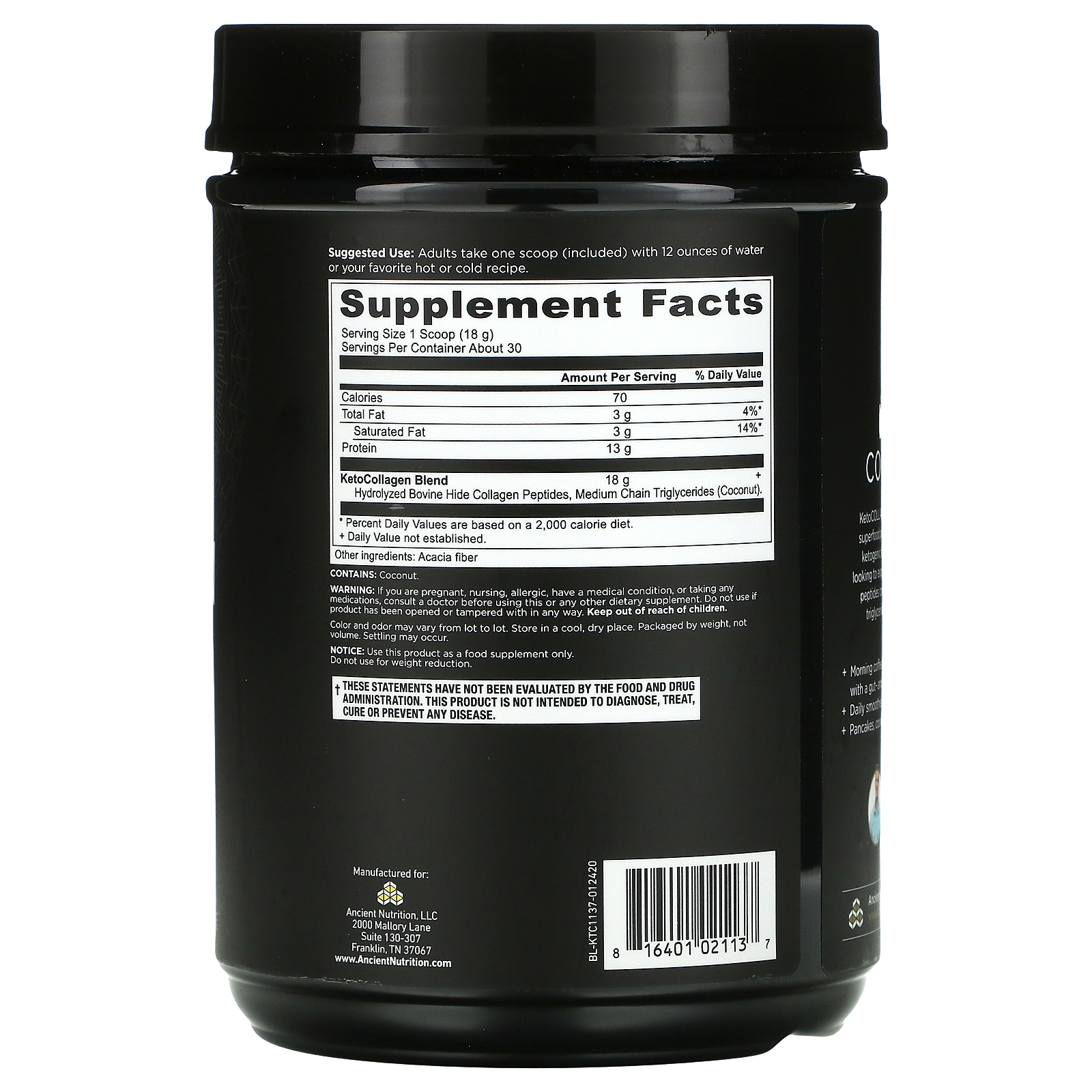 Dr. Axe / Ancient Nutrition, كولاجين كيتو، مسحوق فائق القيمة الغذائية