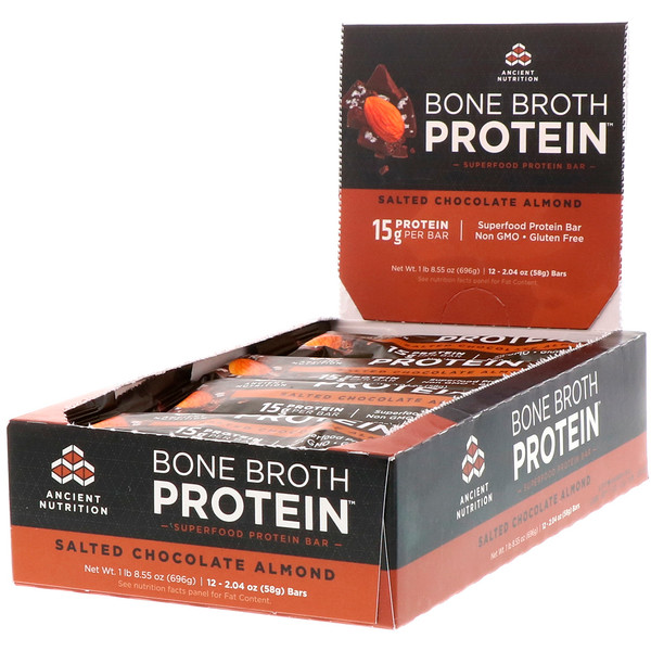 Dr. Axe / Ancient Nutrition, Bone Broth Protein Bar, Salted Chocolate