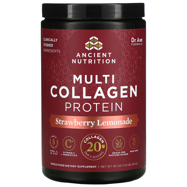 Dr. Axe / Ancient Nutrition‏, Multi Collagen Protein, Strawberry Lemonade, 1.18 lbs (535.5 g)