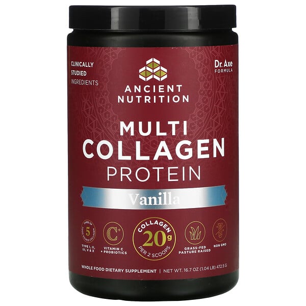 Dr. Axe / Ancient Nutrition, Multi Collagen Protein, Multi-Kollagen-Protein, Vanille, 477 g (1,05 lbs.)