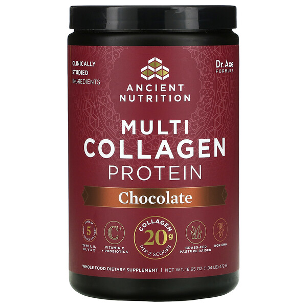 Dr. Axe / Ancient Nutrition‏, Multi Collagen Protein, Chocolate, 1.16 lb (524 g)