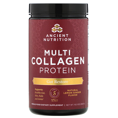 Dr. Axe / Ancient Nutrition Multi Collagen Protein, Gut Restore, Natural Lemon Ginger, 10.3 oz (292 g)