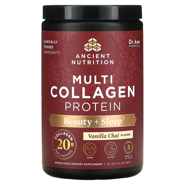 Dr. Axe / Ancient Nutrition, Multi Collagen Protein, Beauty + Sleep, Vanilla Chai, 16.5 oz (467.4 g)