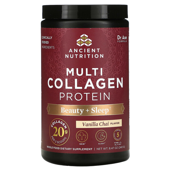 Dr. Axe / Ancient Nutrition‏, Multi Collagen Protein, Beauty + Sleep, Vanilla Chai, 8.47 oz (240 g)