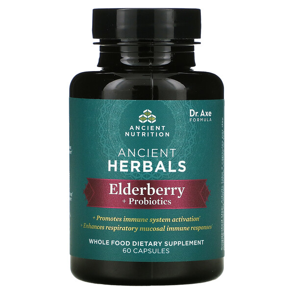 Dr. Axe / Ancient Nutrition, Ancient Herbals, Elderberry + Probiotics, 60 Capsules