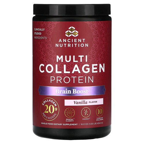 Ancient Nutrition Multi Collagen Protein, Brain Boost, Vanilla, 1 lb (454.5 g)