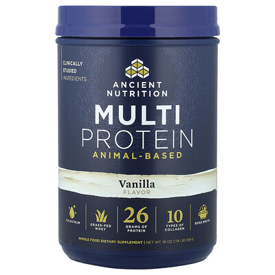 Ancient Nutrition, Suplemento multiproteico de origen animal, Vainilla, 519 g (1,14 lb)