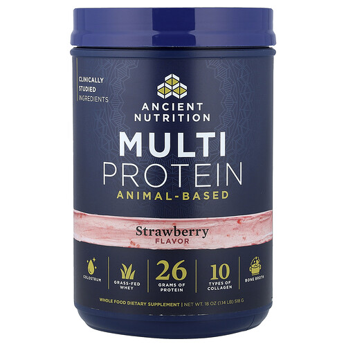 Ancient Nutrition, Suplemento multiproteico de origen animal, Fresa, 518 g (1,14 lb)