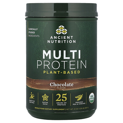 Ancient Nutrition, Suplemento multiproteico, De origen vegetal, Chocolate, 587 g (1,29 lb)
