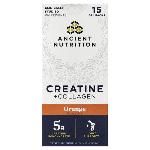 Ancient Nutrition Creatine + Collagen, Orange, 15 Gel Packs, 1 fl oz (30 ml) Each