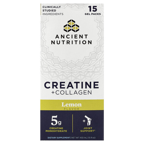 Ancient Nutrition Creatine + Collagen, Lemon, 15 Gel Packs, 1 fl oz (30 ml) Each