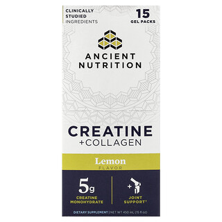 Ancient Nutrition, Creatina con colágeno, Limón, 15 sobres de gel, 30 ml (1 oz. líq.) cada uno