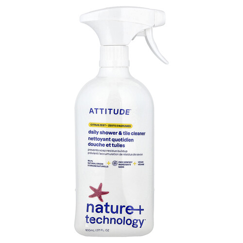 ATTITUDE Shower & Tile Cleaner, EWG Verified, Plant-Based & Vegan Bathroom Spray, Removes Soap Scum & Grime, Citrus Zest Scent, 27.1 Fl Oz