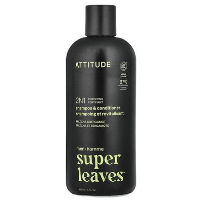 ATTITUDE, Super Leaves™, Champú y acondicionador fortificante 2N1 para hombres, Matcha y bergamota, 415 ml (14 oz. líq.)