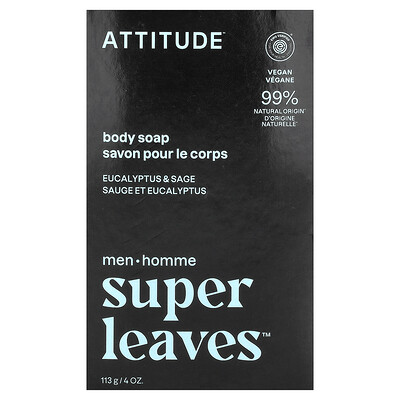 ATTITUDE, Super Leaves™, Barra de jabón para el cuerpo, Para hombres, Eucalipto y salvia, 113 g (4 oz)