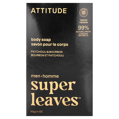 ATTITUDE, Super Leaves™, Barra de jabón para el cuerpo, Para hombres, Pachuli y bourbon, 113 g (4 oz)