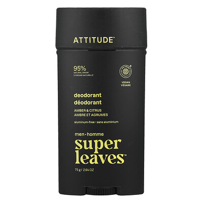ATTITUDE, Super Leaves™, Desodorante sin aluminio para hombres, Ámbar y cítricos, 75 g (2,64 oz)