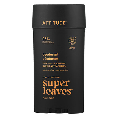 ATTITUDE, Super Leaves™, Desodorante sin aluminio para hombres, Pachuli y bourbon, 75 g (2,64 oz)
