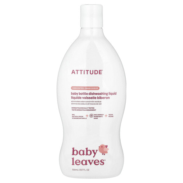 ATTITUDE Baby Leaves®, Baby Bottle Dishwashing Liquid, Unscented, 23.7 fl oz (700 ml)