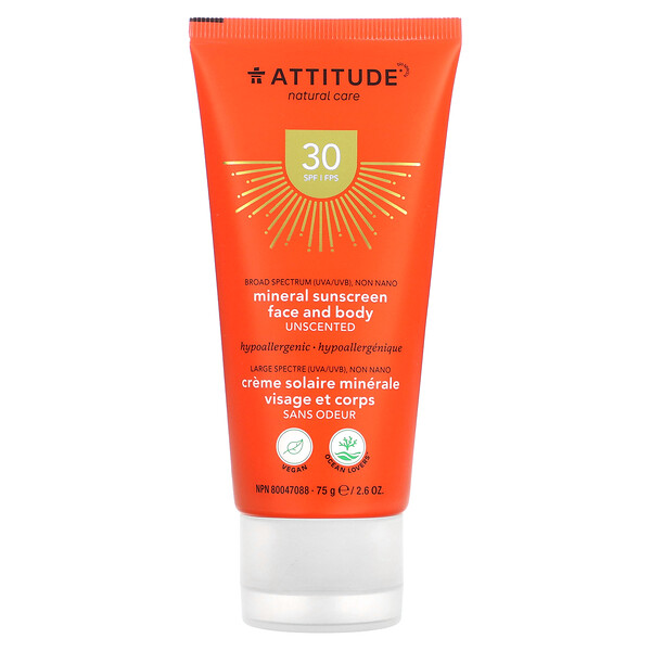 ATTITUDE, Mineral Sunscreen Face and Body, SPF 30, Unscented, 2.6 oz (75 g)