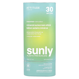 ATTITUDE, Sunly, Protector solar mineral en barra, FPS 30, Sin fragancia, 60 g (2,1 oz)