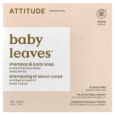 ATTITUDE, Baby Leaves™, Barra de jabón y champú para el cuerpo, Sin fragancia, 85 g (3 oz)