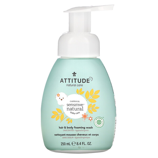 ATTITUDE‏, Sensitive Skin Care, Baby, 2-in-1, Natural Hair and Body Foaming Wash, Fragrance Free, 8.4 fl oz (250 ml)