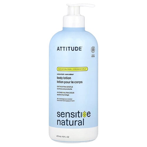 ATTITUDE Body Lotion for Sensitive Skin with Oat, EWG Verified, Dermatologically Tested, Vegan, Extra Gentle, Unscented, 16 Fl Oz