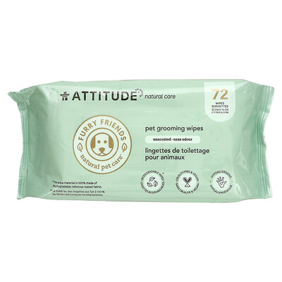 

ATTITUDE, Pet Grooming Wipes, Unscented, 72 Wipes