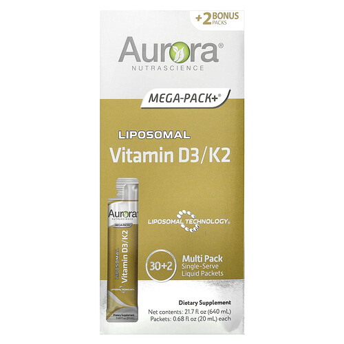Aurora Nutrascience, Liposomal Vitamin D3/K2, liposomales Vitamin D3/K2, 32 Päckchen, je 20 ml (0,68 fl. oz.).