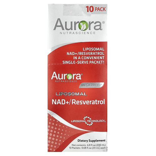 Aurora Nutrascience, Mega-Pack+®, Liposomal NAD +/ Resveratrol, liposomales NAD +/Resveratrol, 10 Päckchen, je 20 ml (0,68 fl. oz.).