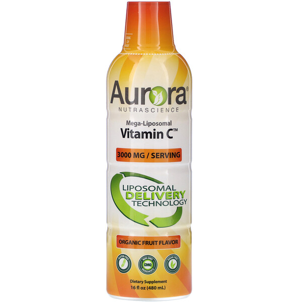Aurora Nutrascience, Mega-Liposomal 維生素 C，有機水果味，3,000 毫克，16 液量盎司（480 毫升）