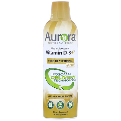 Aurora Nutrascience Mega-Liposomal Vitamin D3, органический фруктовый вкус, 9000 МЕ, 480 мл (16 жидк. унций)
