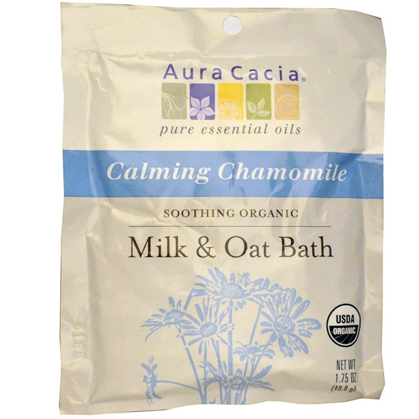 Aura Cacia, Успокаивающее органическое средство для ванны с молоком и овсом, успокаивающая ромашка, 1,75 унции (49,6 г) (Discontinued Item) 