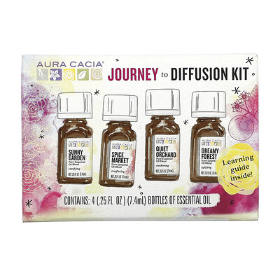 Купить Aura Cacia Journey To Diffusion Kit, Essential Oils, 4 Bottles, 0.25 fl oz (7.4 ml) Each