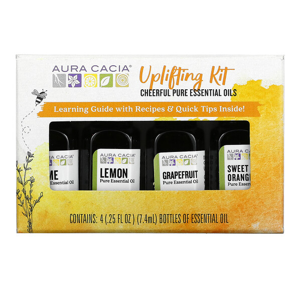 Aura Cacia, Uplifting Kit, Cheerful Pure Essential Oils, 4 Bottles, 0.25 fl oz (7.4 ml) Each