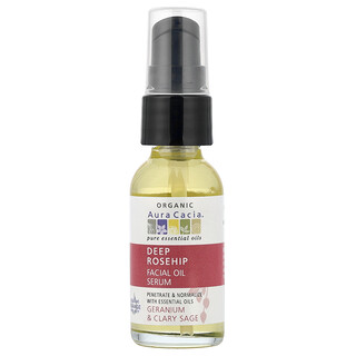 Aura Cacia, Серум с органично дълбоко шипково масло за лице, здравец и градински чай, 1 течна унция (30 ml)