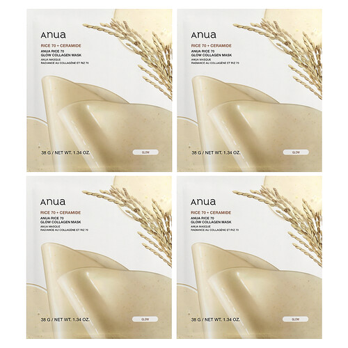 Anua, Rice 70 Glow Collagen Beauty Mask, strahlende Kollagen-Beauty-Maske, 4 Tuchmasken, je 38 g (1,34 oz.).