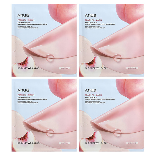 Anua, Peach 70 Niacin Brightening Collagen Beauty Mask, aufhellende Kollagen-Maske, 4 Tuchmasken, je 38 g (1,34 oz.)